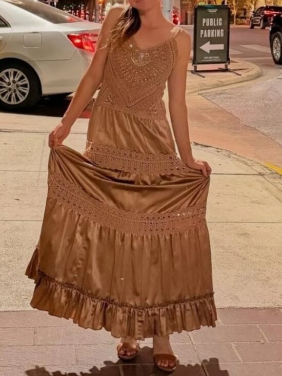 BCBGMaxAzria Dresses & Skirts - BCBGMaxAzria crochet beaded satin silk maxi dress brown women's size XS NWT